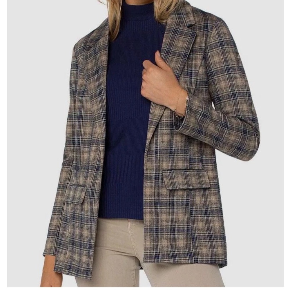 Liverpool Plaid Notched Lapel Blazer Blue Tan Small